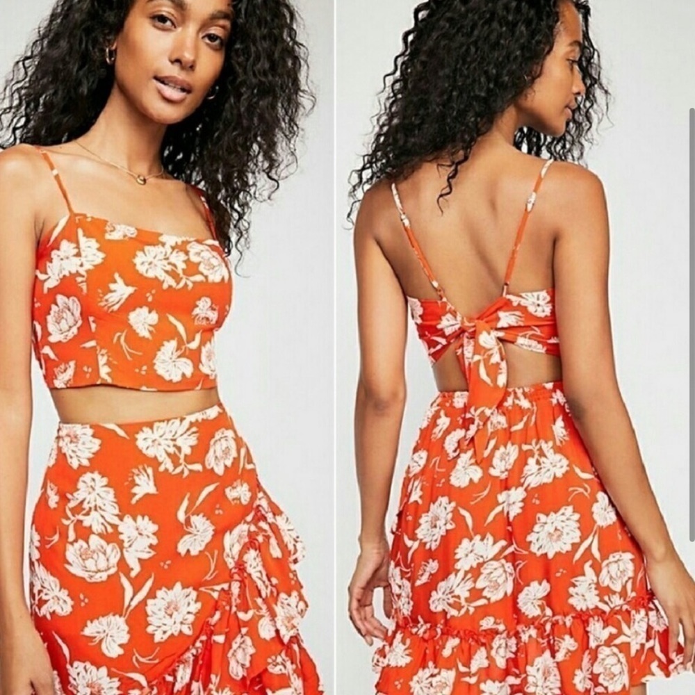 Free people beach boho lightweight floral vibrant orange 2 pieces top and skirt